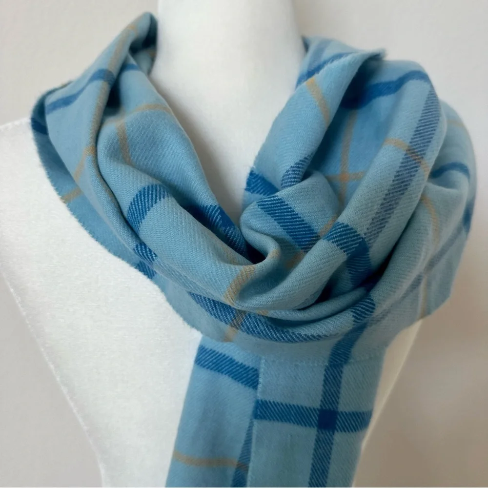 100% Cashmere Mens Scarf Made In Scotland Light Blue Tan Plaid Fringed 63” Lux